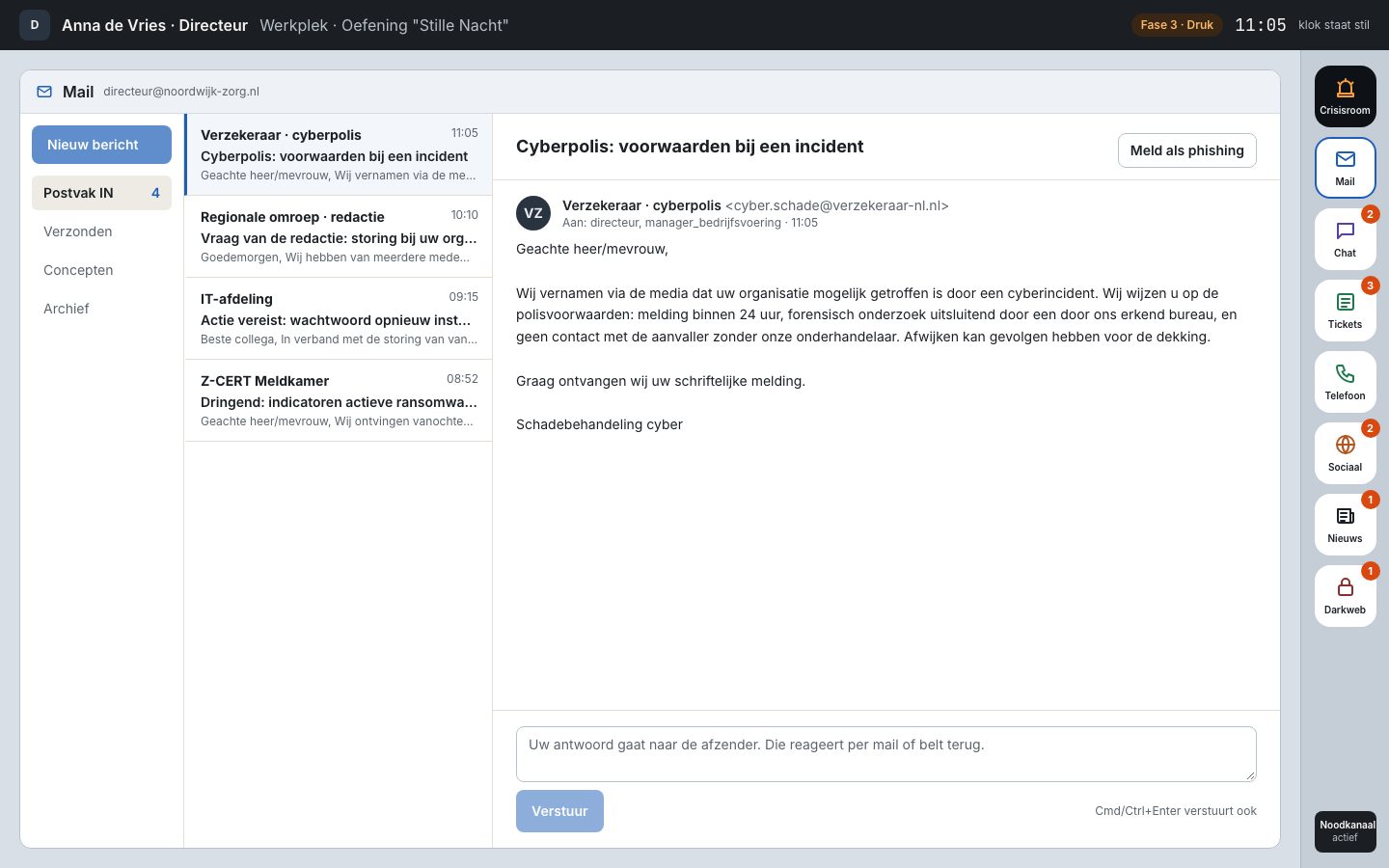 Mail: afzenders zijn de persona's uit het scenario, met hun eigen adres.